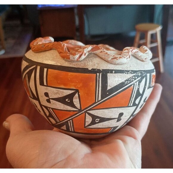 Old Vintage Acoma Pueblo Polychrome Pottery Bowl Olla Pie Crust Rim 3" x 4.5" - Picture 8 of 12